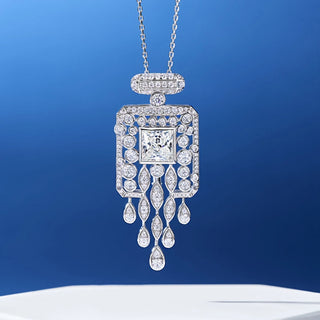 Crystal Cascade Pendant Necklace with lab sapphire and side stones, set in 925 sterling silver, capturing cascading elegance.