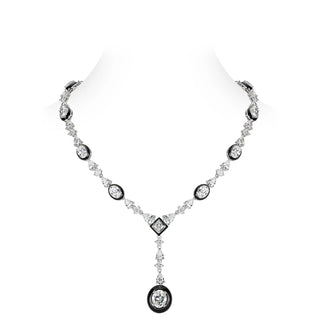 Royal Enamel Monochrome Necklace in sterling silver with platinum finish and white crystal centerpiece, displayed against a neutral background