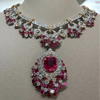 Sterling silver long necklace with vivid ruby centrepiece and regal red tones — Azzallure Maharani Ruby Necklace inspired by royal Indian heritage.