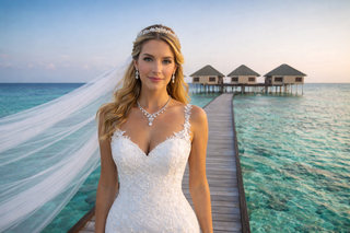 Front facing bride wearing a lace wedding gown and diamond bridal jewelry standing on a wooden walkway over turquoise Maldives waters