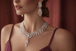 Woman wearing maroon satin gown with statement diamond necklace and chandelier earrings against soft red backdrop