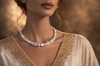Model wearing a mixed cut lab diamond necklace styled with a gold embroidered evening dress.