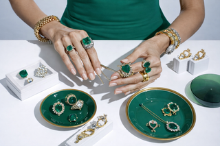 Woman in emerald green dress carefully working on bespoke emerald and diamond jewelry laid out on a white studio table