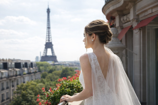 Bride standing on a Paris balcony overlooking the Eiffel Tower wearing a lace wedding gown and sheer veil