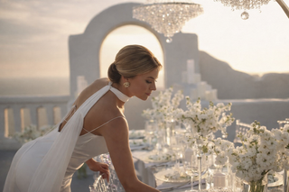 Bride in a white halter neck wedding gown arranging a reception table at a Bali destination wedding during sunset with soft floral decor and chandelier lighting
