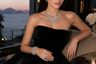 Woman wearing a black strapless evening gown adorned with an elaborate diamond statement necklace, diamond bracelet, and floral diamond ring against a luxurious sunset waterfront backdrop.