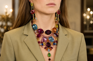High-fashion model wearing an oversized multicolour gemstone necklace and chandelier earrings featuring vibrant blue, pink, green, orange, and yellow gemstones set in gold.
