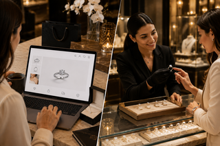 Luxury split-screen comparison of online and in-store diamond shopping, featuring a woman browsing diamond rings on a laptop at home and a customer receiving personalized assistance from a jeweler inside an elegant Dubai jewelry showroom.