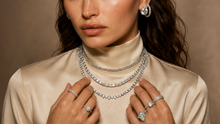 Close-up of a woman wearing elegant diamond jewelry, including layered necklaces, statement rings, and hoop earrings, paired with a champagne satin high-neck outfit against a warm neutral background.