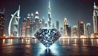 A sparkling diamond placed against the Dubai skyline at night, symbolizing the city’s luxury jewelry market and growing diamond trade.