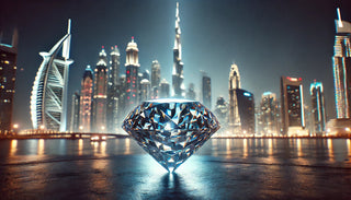 A sparkling diamond placed against the Dubai skyline at night, symbolizing the city’s luxury jewelry market and growing diamond trade.