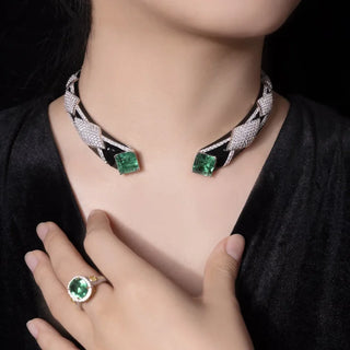 Ancestral Zamrud Collar Necklace in 925 sterling silver with pavé-set lab-created emerald sapphires.
