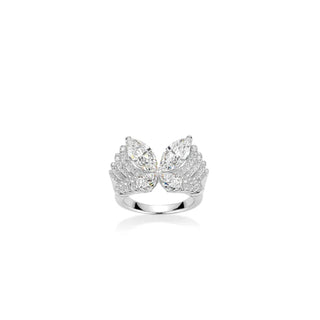 Angelic Wings Ring by Azzallure featuring a radiant lab-created sapphire framed by wing-inspired curves in platinum-plated 925 sterling silver.

