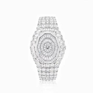 Diamond Hour Watch with 26 mm dial, silver case, sapphire crystal window, and diamond-accented bracelet clasp.