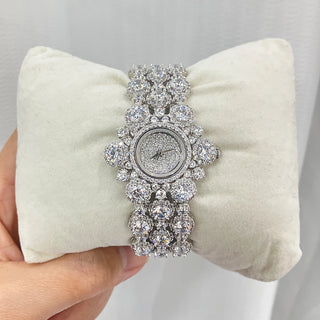 Eclipse Halo Watch women’s edition in radiant white silver-copper case, framed by a halo of lab-created sapphires.