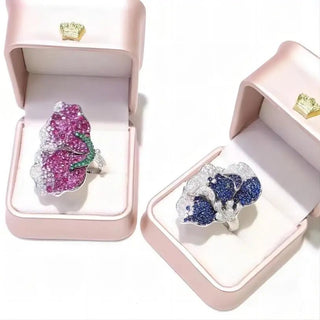 Gradient Ruby Cocktail Ring: 925 sterling silver band pavé-set with lab-created ruby red, emerald green, and white sapphires in a seamless gradient.