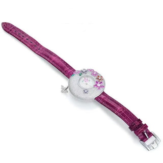 Blossom Hour Watch for women with a 44 mm pink dial, silver case, and sapphire crystal window.