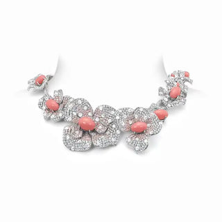 Pink Blossom Floral Necklace with soft pink lab sapphires and sterling silver, capturing the elegance of blooming petals.