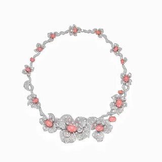 Pink Blossom Floral Necklace with soft pink lab sapphires and sterling silver, capturing the elegance of blooming petals.