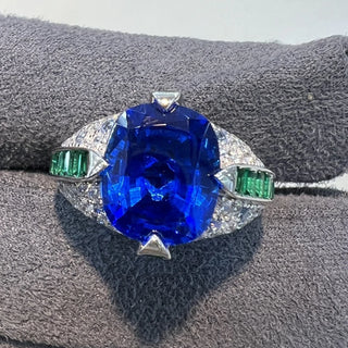 Jewel of the Realm Ring in sterling silver with deep blue and emerald lab sapphires, regal cocktail ring design
