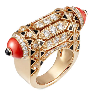 Heritage ring in 925 sterling silver with coral cabochons and intricate latticework, inspired by royal vintage design