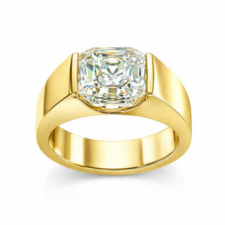 A square cut diamond set in a yellow gold ring, highlighting a classic and luxurious design.