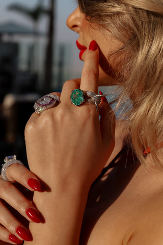 Paraiba Bird’s Nest Ring in sterling silver with crushed ice-cut Paraiba tourmaline, sculptural gemstone statement ring design
